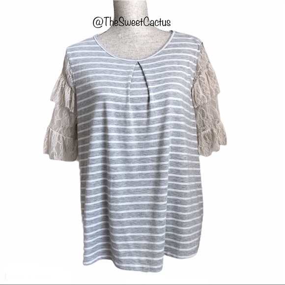 Umgee Tops - Umgee Striped Tiered Lace Sleeve Top